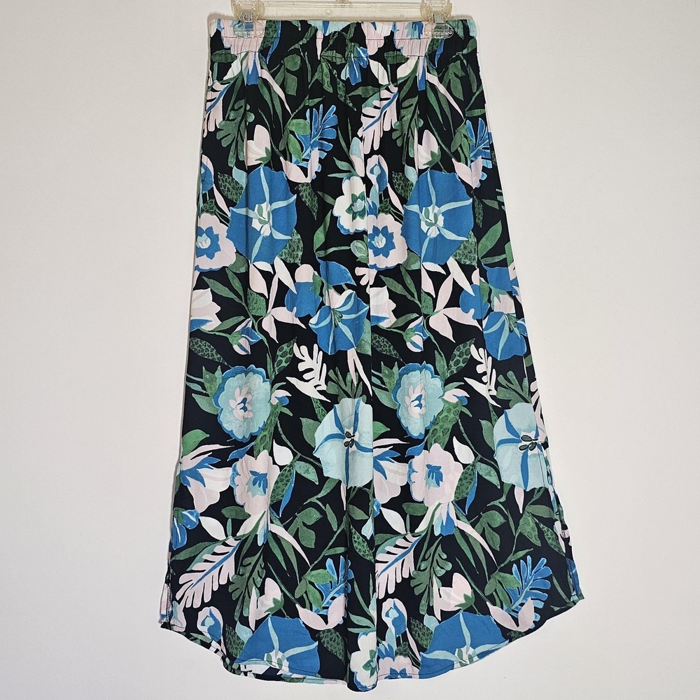 LOFT Black Floral Midi Skirt with Blue and Green Print